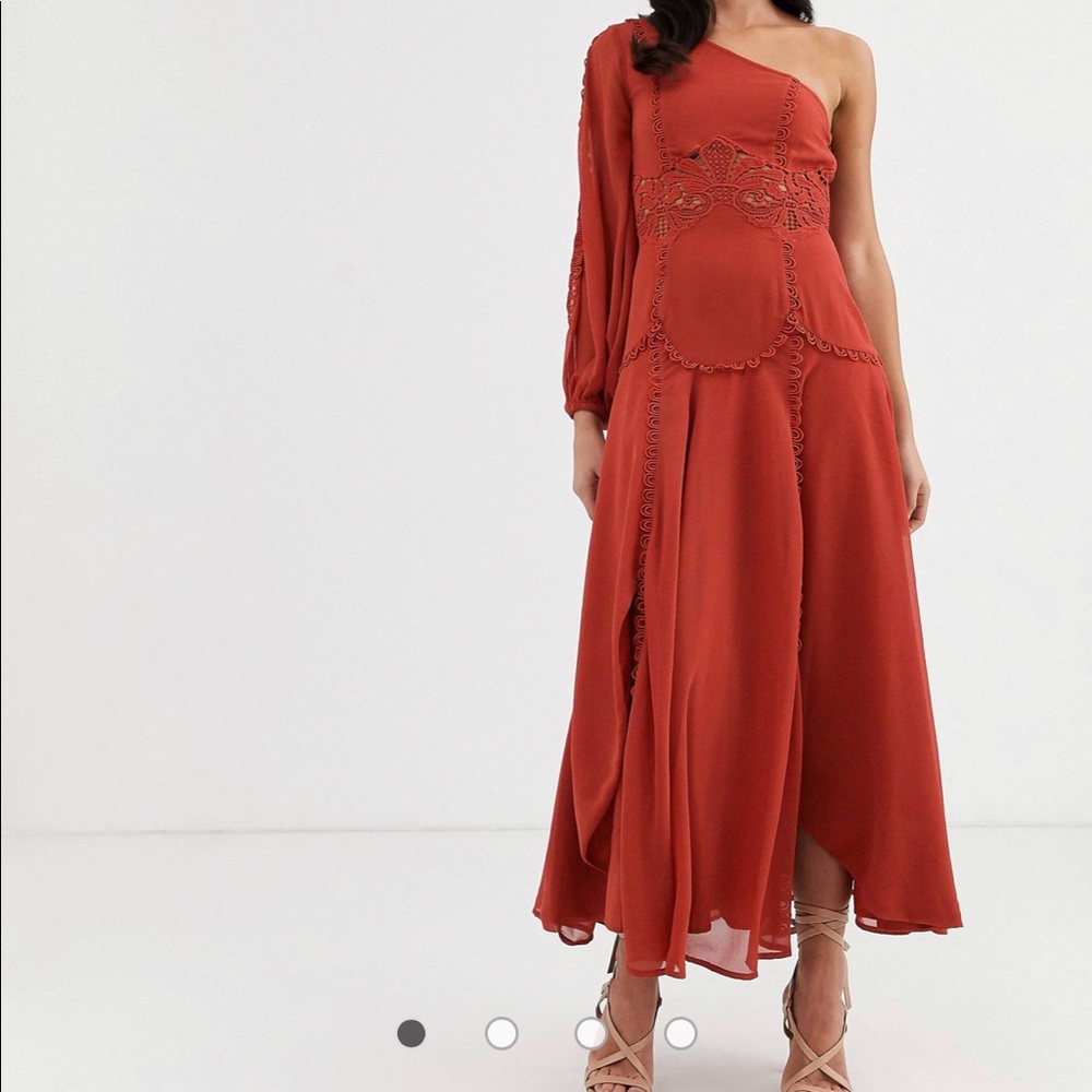 ASOS DESIGN one shoulder lace insert rust soft midi dress NWT